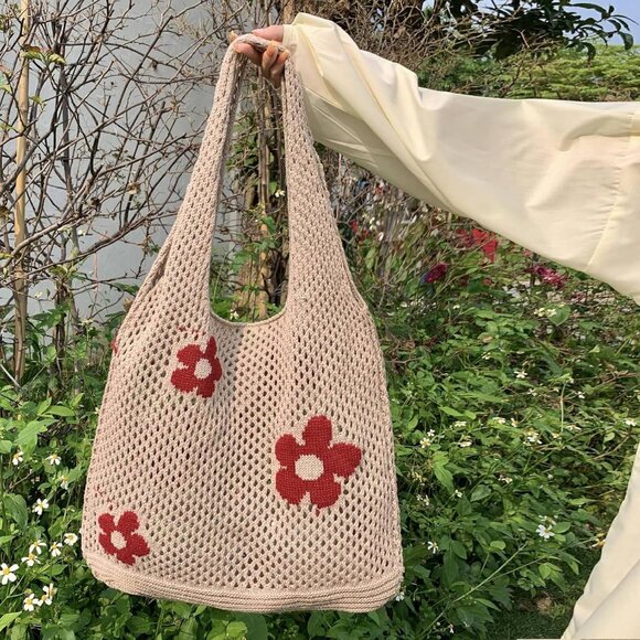 Women's Light Brown Crochet Bag Cute Mesh Summer Knitted Shoulder Beach Tote Bag - Picture 5 of 7